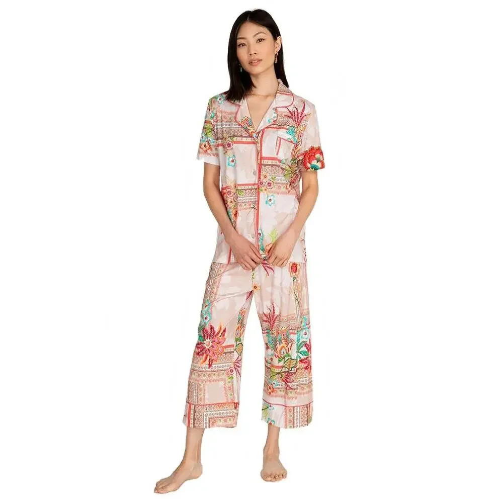 Johnny Was Printed Cotton Lounge Set Button Up Top Wide Leg Pants Rose M - Picture 1 of 9